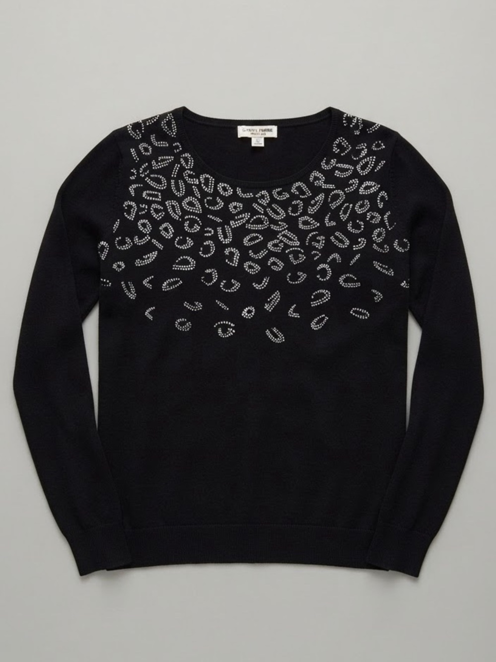 Milano Women’s Black Leopard Rhinestone Studded Crew Neck Sweater Size S